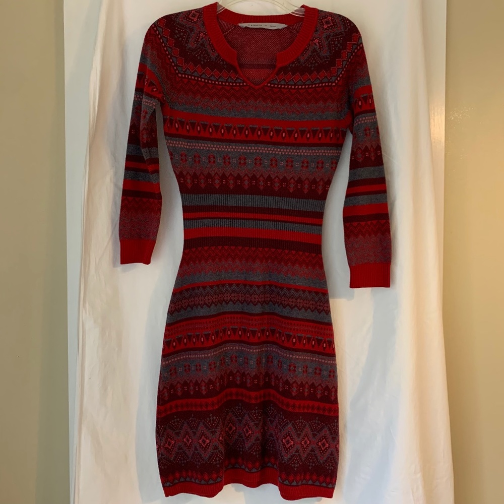 Athleta red Nordic Fair Isle patterned sweater dress w/ split neck
